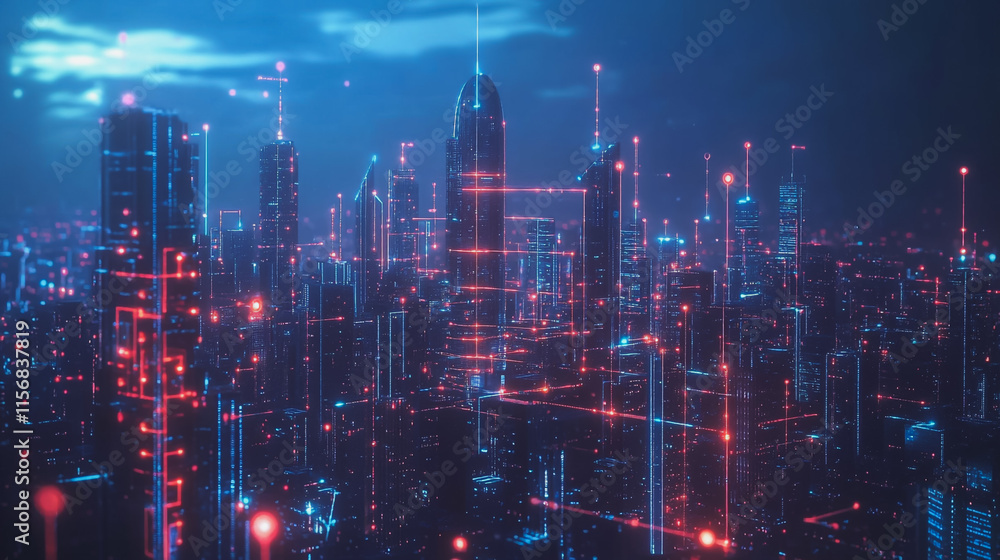 Smart digital Innovation city with connection network reciprocity over the cityscape. of future smart wireless city and social media networking systems that connects business people with in city Smart digital Innovation city with connection network reciprocity over the cityscape. of future smart wireless city and social media networking systems that connects business people with in city