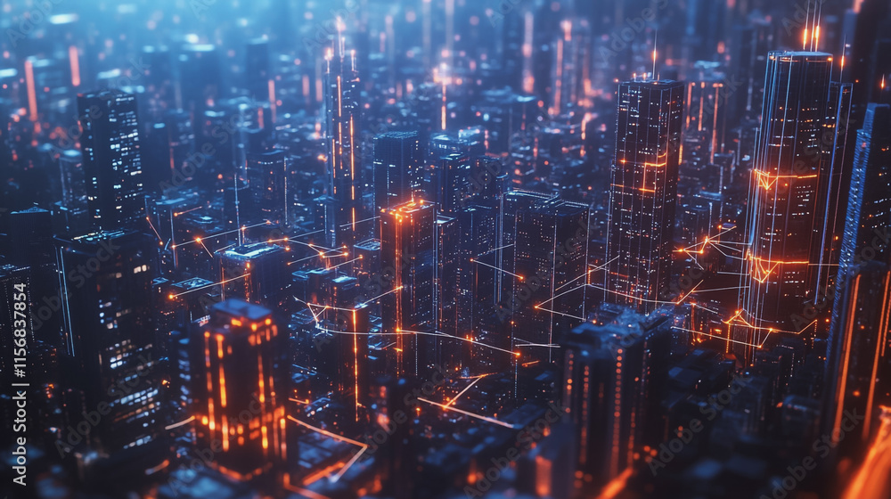 Obraz premium Smart digital Innovation city with connection network reciprocity over the cityscape. of future smart wireless city and social media networking systems that connects business people with in city