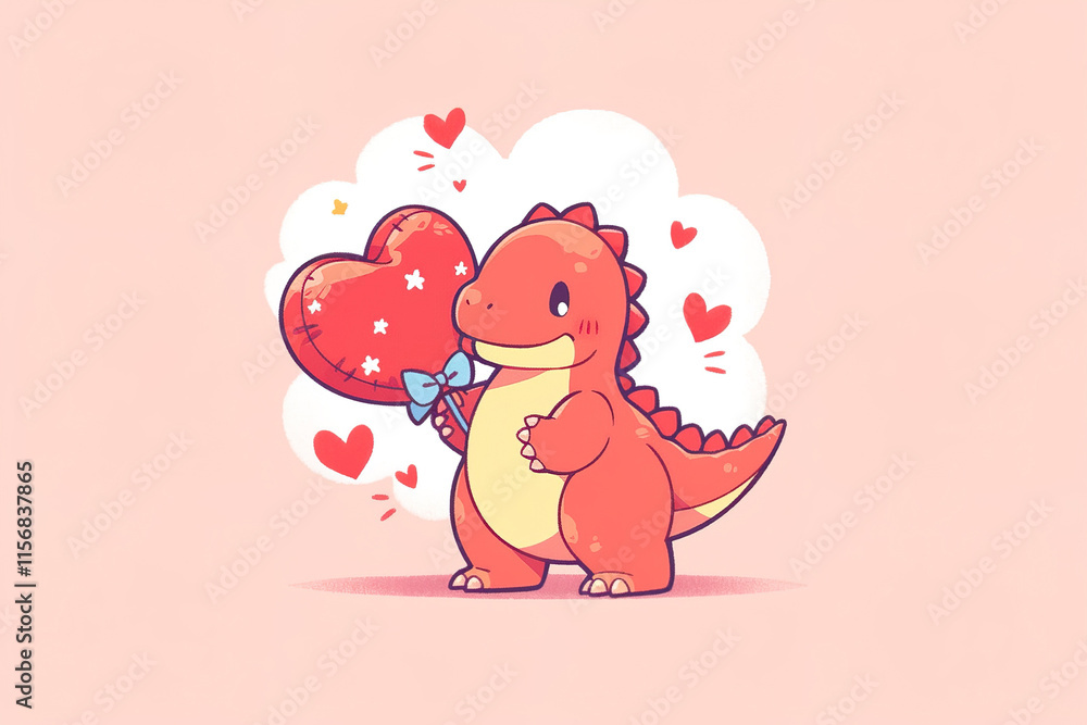 charming cartoon little kawaii dinosaur holding red heart on pink background charming cartoon little kawaii dinosaur holding red heart on pink background