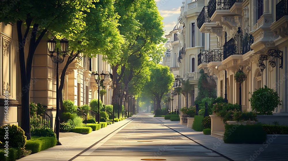 Obraz premium Serene Morning Street Scene: Wide Shot Photo of Lushly Landscaped Urban Pathway. AI Generated