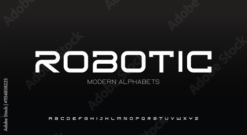 Geometric futuristic font, bold angular letters, tech robotic inspired design for gaming logos, sci-fi branding, innovative typography. Vector typeset
