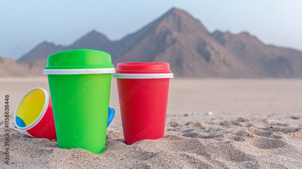 A beach strewn with vibrant plastic cups and garbage, emphasizing the problem of pollution in natural environments. A beach strewn with vibrant plastic cups and garbage, emphasizing the problem of pollution in natural environments.