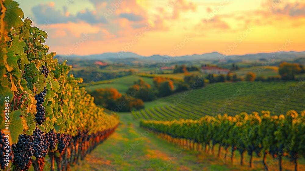 Naklejka premium Sunset over rolling vineyard hills with ripe grapes.