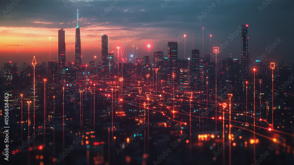 Fototapeta premium Smart digital Innovation city with connection network reciprocity over the cityscape. of future smart wireless city and social media networking systems that connects business people with in city