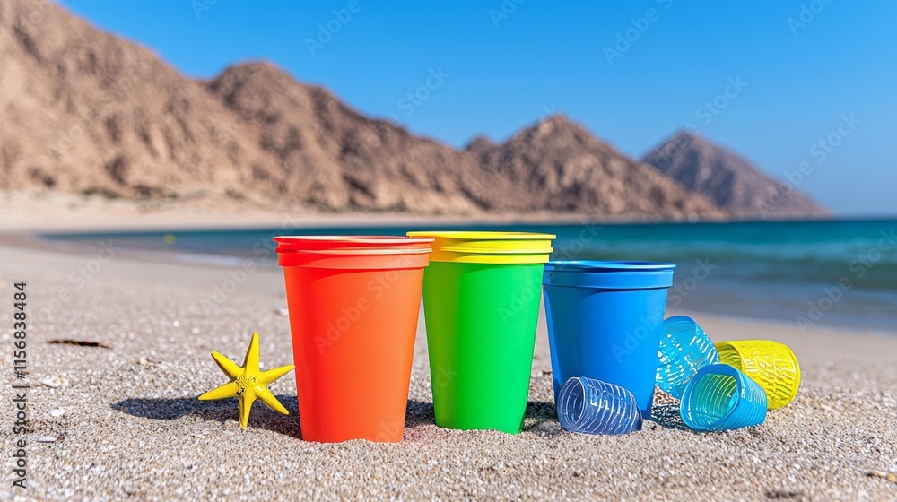 A beach scattered with colorful plastic cups and trash, illustrating the pollution issue in natural areas. A beach scattered with colorful plastic cups and trash, illustrating the pollution issue in natural areas.