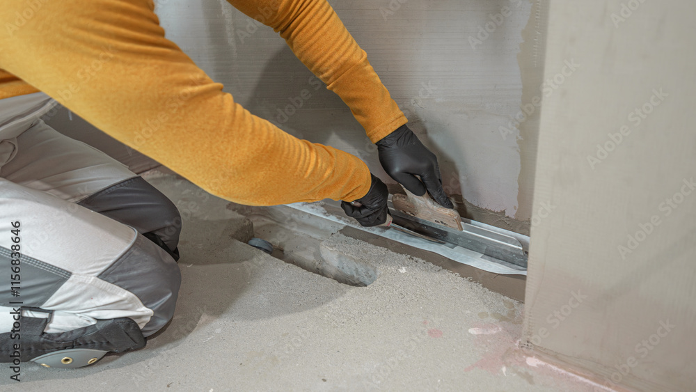 Applying a corner reinforcement tape into liquid membrane. Foolproof waterproofing for a tile bathroom. Applying a corner reinforcement tape into liquid membrane. Foolproof waterproofing for a tile bathroom.
