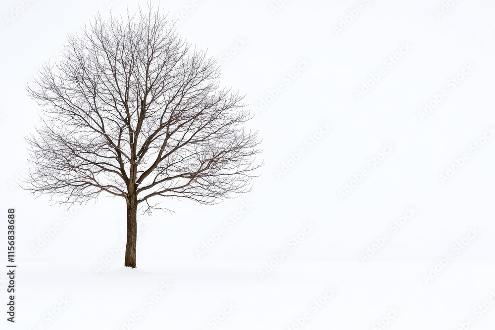Fototapeta premium An impressive solitary black walnut tree against a white backdrop, ideal for nature conservation campaigns and biophilic design projects.