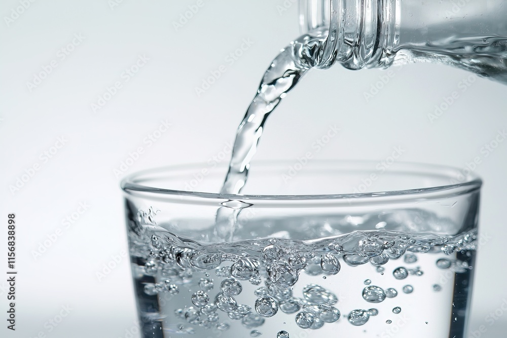 side view close-up clean water pouring from a bottle into a glass, with a plain white background and soft natural lighting side view close-up clean water pouring from a bottle into a glass, with a plain white background and soft natural lighting