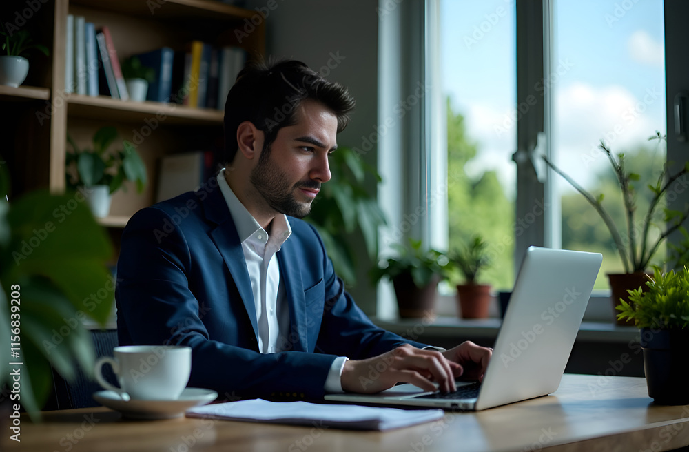 A Focused Young Professional Engaged in Work Within a Modern and Stylish Office Space