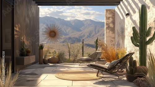 Minimalistic Southwestern styled patio with cacti and sun decor photo