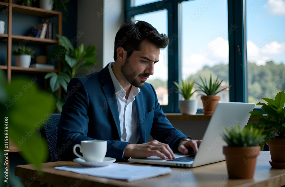 A Focused Young Professional Engaged in Work Within a Modern and Stylish Office Space
