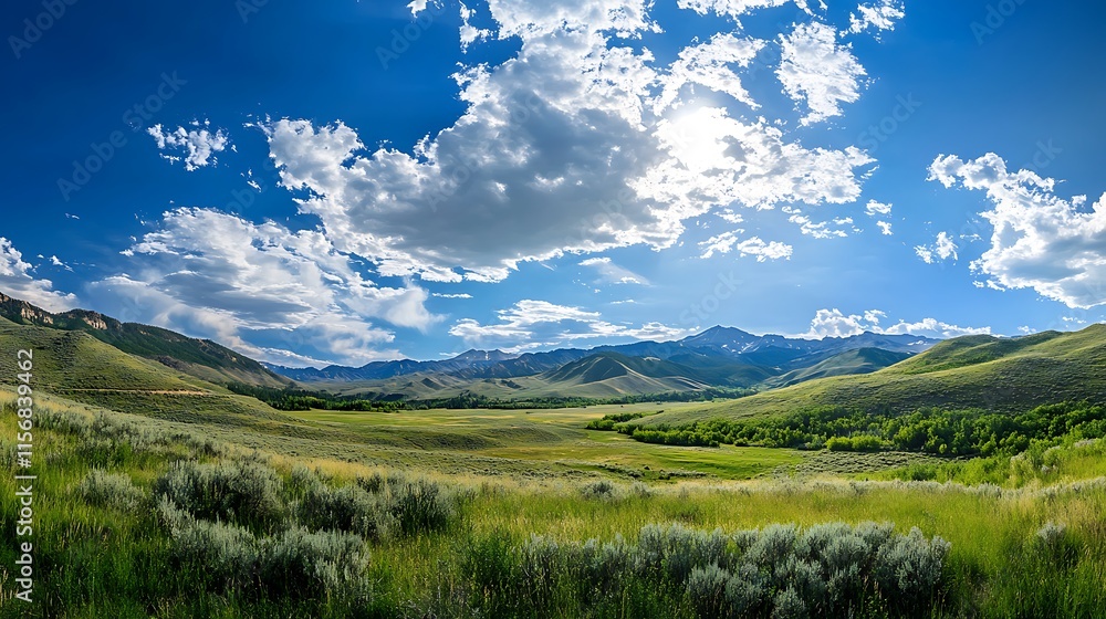 Fototapeta premium Wide Shot Photo: Vibrant Green Valley Basking Under a Bright Summer Sky. AI Generated