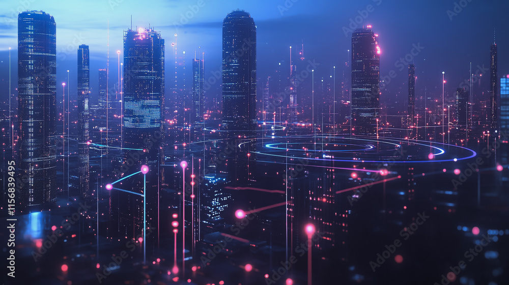 Smart digital Innovation city with connection network reciprocity over the cityscape. of future smart wireless city and social media networking systems that connects business people with in city Smart digital Innovation city with connection network reciprocity over the cityscape. of future smart wireless city and social media networking systems that connects business people with in city