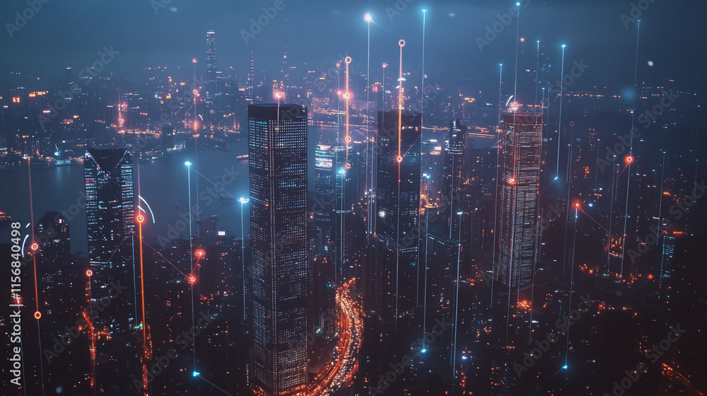 Fototapeta premium Smart digital Innovation city with connection network reciprocity over the cityscape. of future smart wireless city and social media networking systems that connects business people with in city