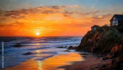 An oil painting pallet knife style of a sunset over a beach with a very low saturation color photo