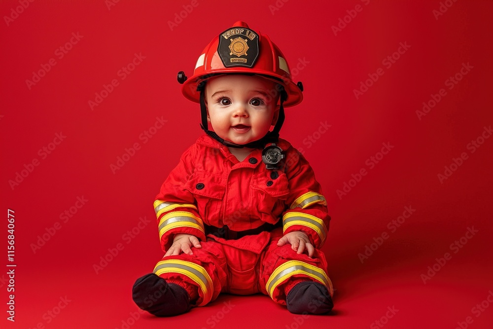 baby dressed as a firefighter, wearing a mini fire helmet and red uniform, sitting on a flat red background, with soft studio lighting baby dressed as a firefighter, wearing a mini fire helmet and red uniform, sitting on a flat red background, with soft studio lighting