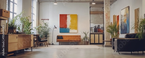 No people shot of modern office interior with minimalistic furniture and abstract paintings on walls