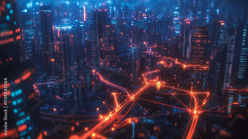 Obraz premium Smart digital Innovation city with connection network reciprocity over the cityscape. of future smart wireless city and social media networking systems that connects business people with in city