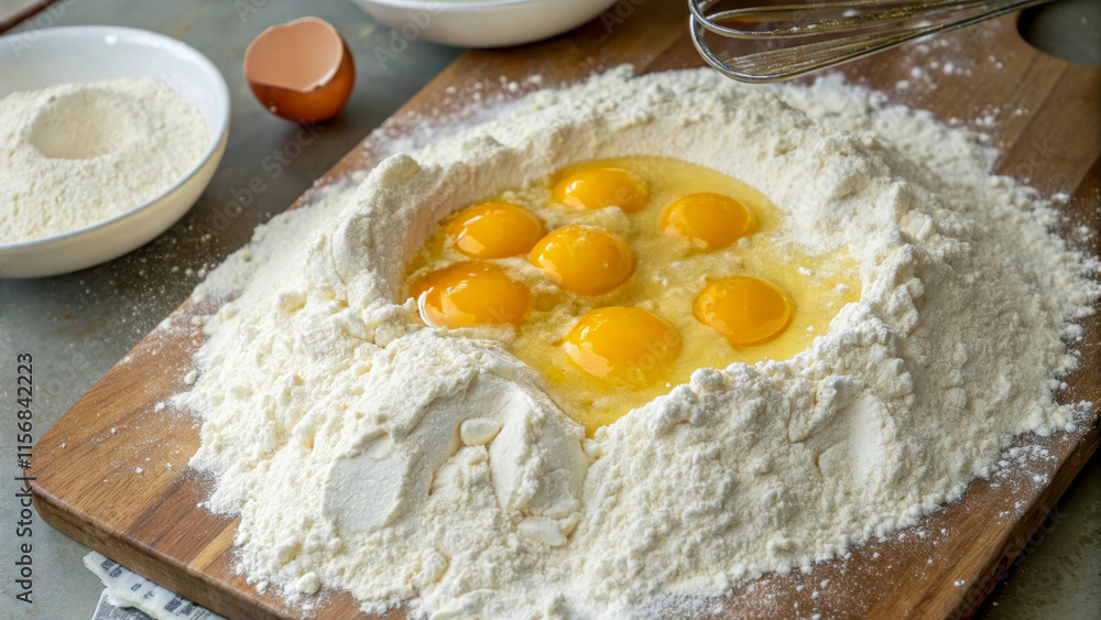A large mound of white wheat flour with a hollow in the middle filled with egg yolks. The process of making homemade baked goods or pasta. A large mound of white wheat flour with a hollow in the middle filled with egg yolks. The process of making homemade baked goods or pasta.