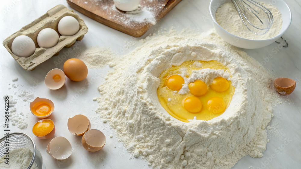 A large mound of white wheat flour with a hollow in the middle filled with egg yolks. The process of making homemade baked goods or pasta. A large mound of white wheat flour with a hollow in the middle filled with egg yolks. The process of making homemade baked goods or pasta.