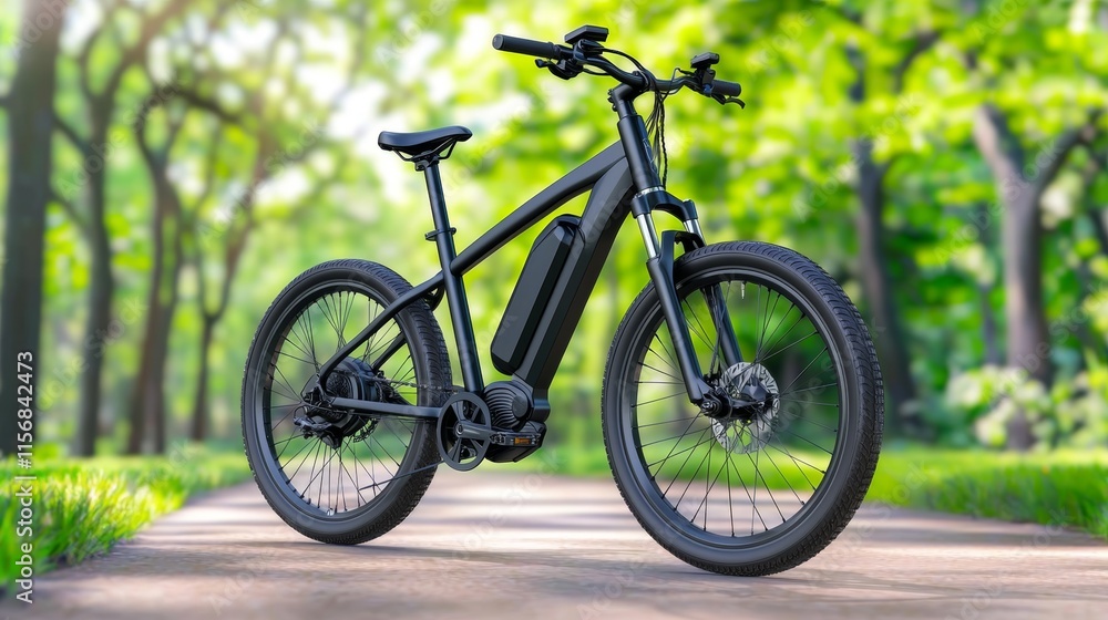 On a pathway, an electric bicycle stands parked, surrounded by verdant greenery and sunlight that filters through the trees.