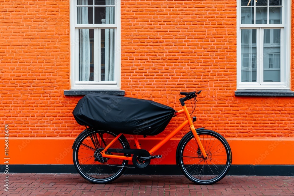 Parked beside a textured brown brick wall, a courier bike with a cover displays urban transportation in a tranquil neighborhood. Parked beside a textured brown brick wall, a courier bike with a cover displays urban transportation in a tranquil neighborhood.
