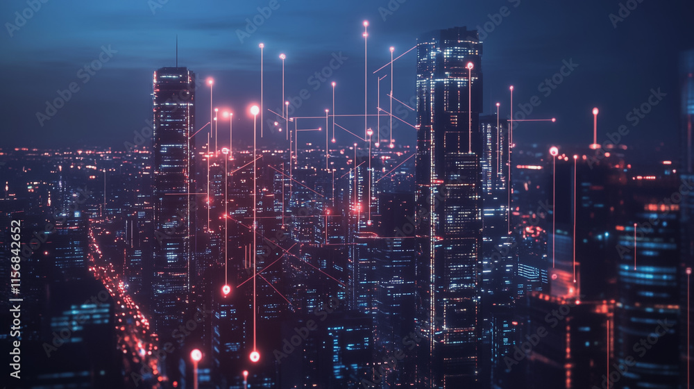 Fototapeta premium Smart digital Innovation city with connection network reciprocity over the cityscape. of future smart wireless city and social media networking systems that connects business people with in city