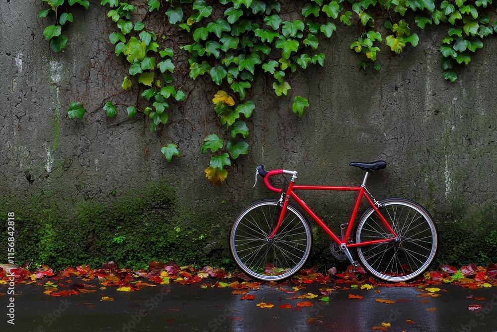 A timeless red bicycle is propped up against a wall decorated with seasonal leaves. A timeless red bicycle is propped up against a wall decorated with seasonal leaves.