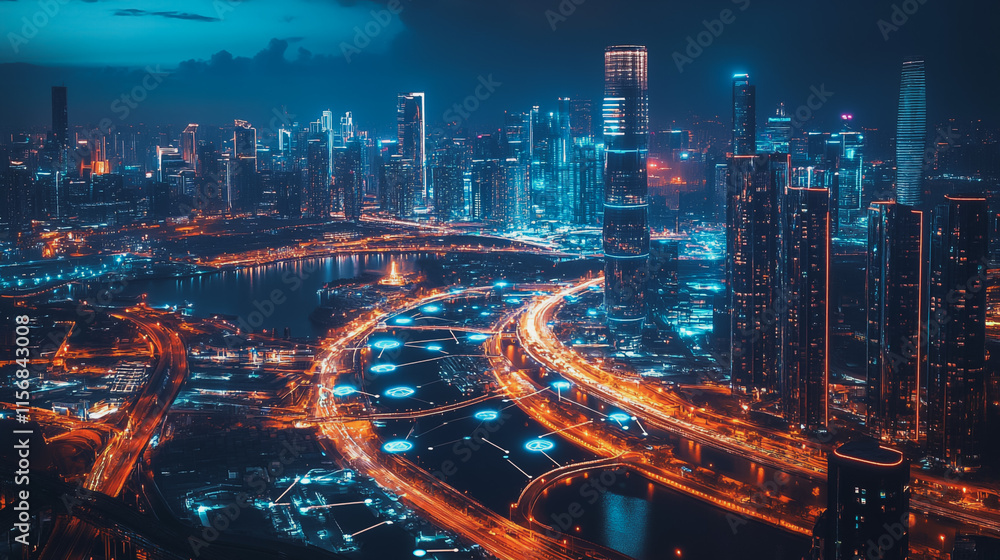 Obraz premium Smart digital Innovation city with connection network reciprocity over the cityscape. of future smart wireless city and social media networking systems that connects business people with in city