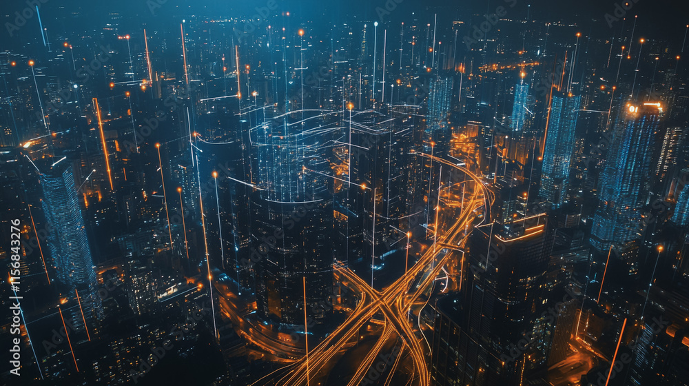 Obraz premium Smart digital Innovation city with connection network reciprocity over the cityscape. of future smart wireless city and social media networking systems that connects business people with in city