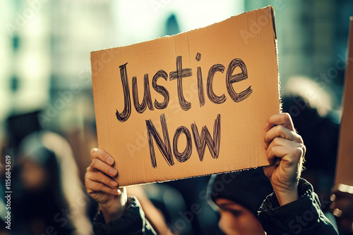 close-up of hands holding a cardboard protest poster 