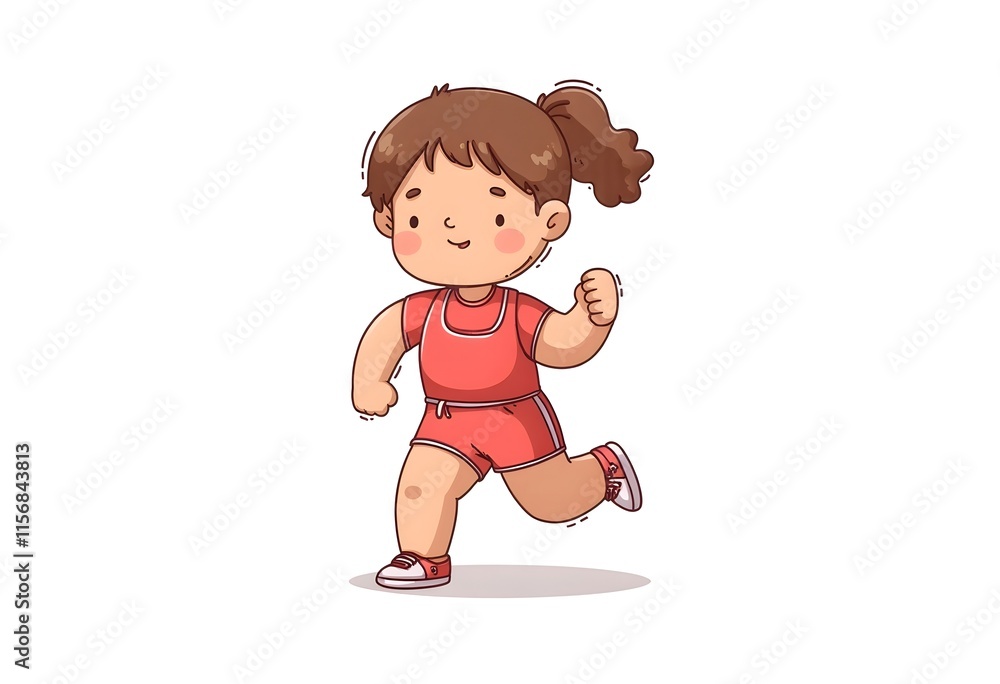 Happy Girl Running Cartoon Illustration Red Outfit White Background Happy Girl Running Cartoon Illustration Red Outfit White Background