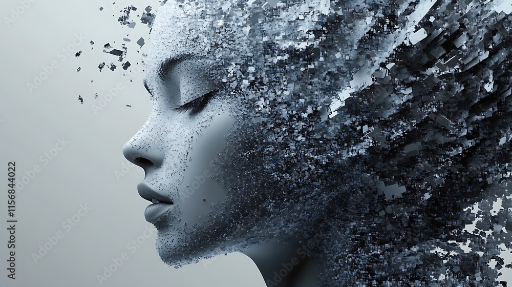 Stunning 3D Render: Serene Face Disintegrating, Abstract Style, Profile View. AI Generated Stunning 3D Render: Serene Face Disintegrating, Abstract Style, Profile View. AI Generated