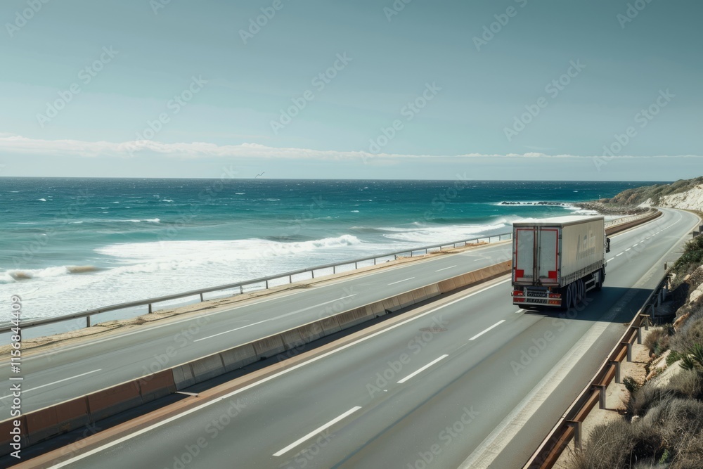 Obraz premium Lorry Driving Along Coastal Highway Under Clear Sky