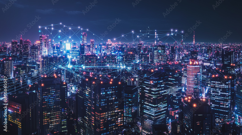 Fototapeta premium Smart digital Innovation city with connection network reciprocity over the cityscape. of future smart wireless city and social media networking systems that connects business people with in city