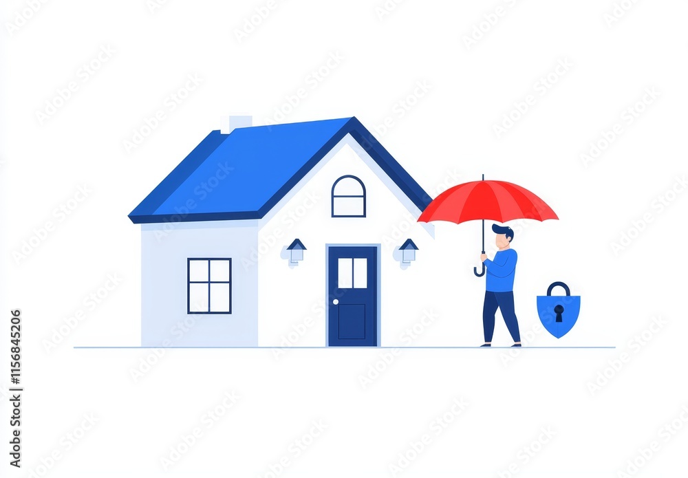 In a home insurance concept design, a man shields a house with an umbrella. In a home insurance concept design, a man shields a house with an umbrella.