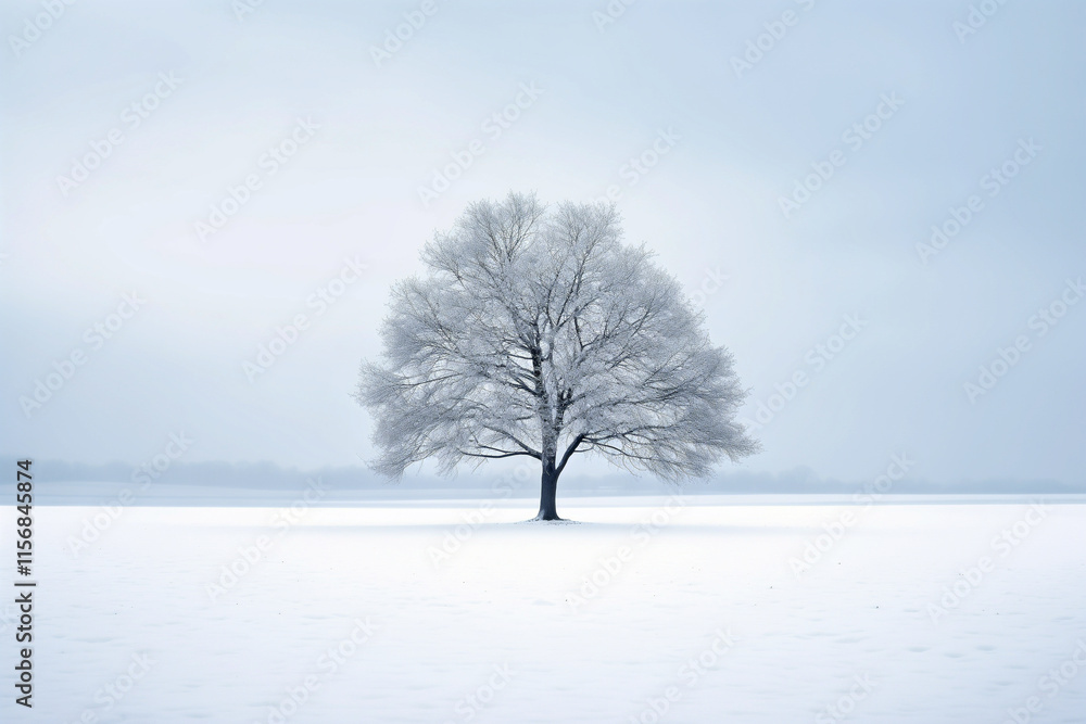 Snow-covered tree stands alone in a winter landscape under a cloudy sky Snow-covered tree stands alone in a winter landscape under a cloudy sky