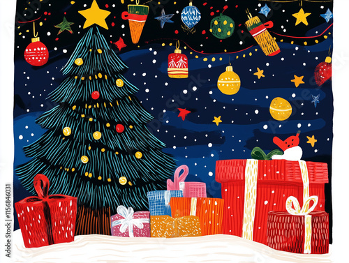 colorful cartoon illustration of the Christmas tree