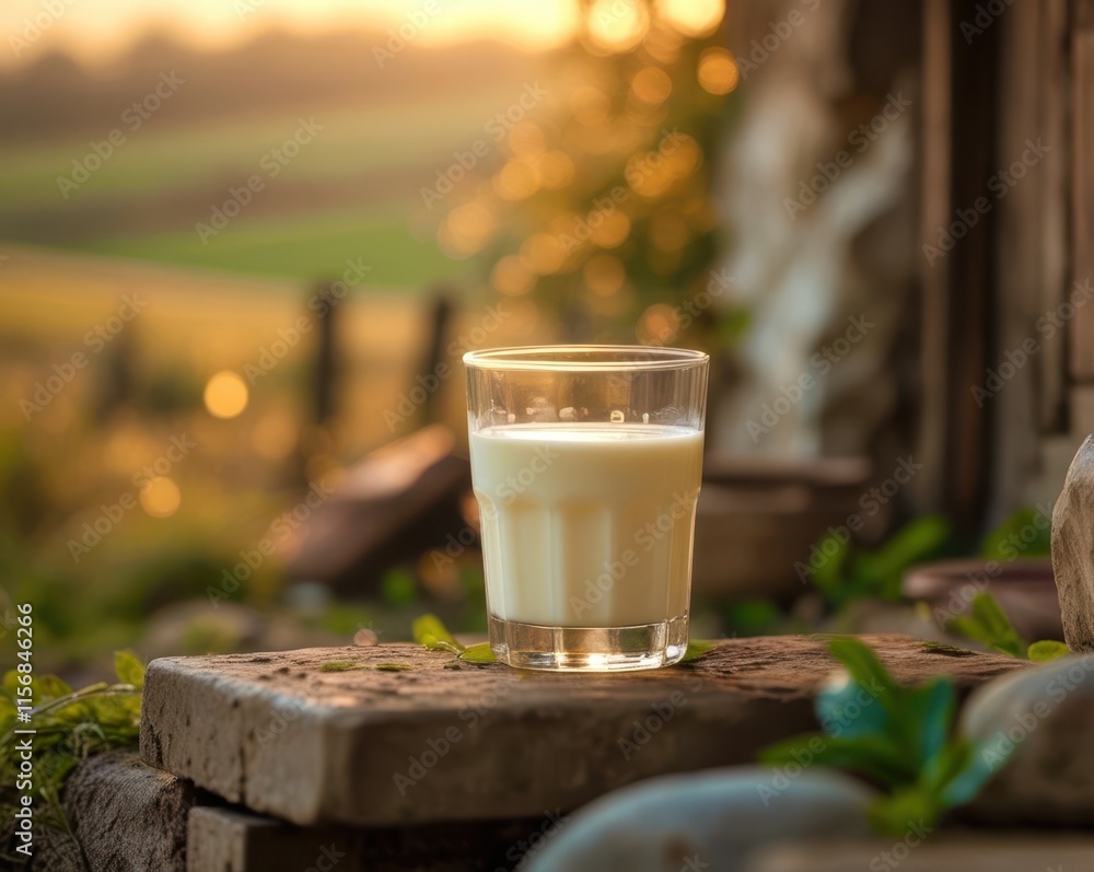 Glass of milk is sitting on a stone ledge Glass of milk is sitting on a stone ledge