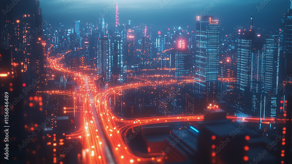 Fototapeta premium Smart digital Innovation city with connection network reciprocity over the cityscape. of future smart wireless city and social media networking systems that connects business people with in city