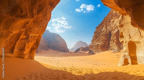 Stunning Wide Shot Photo: Sunlit Desert Canyon Landscape Viewed From Cave Entrance. AI Generated