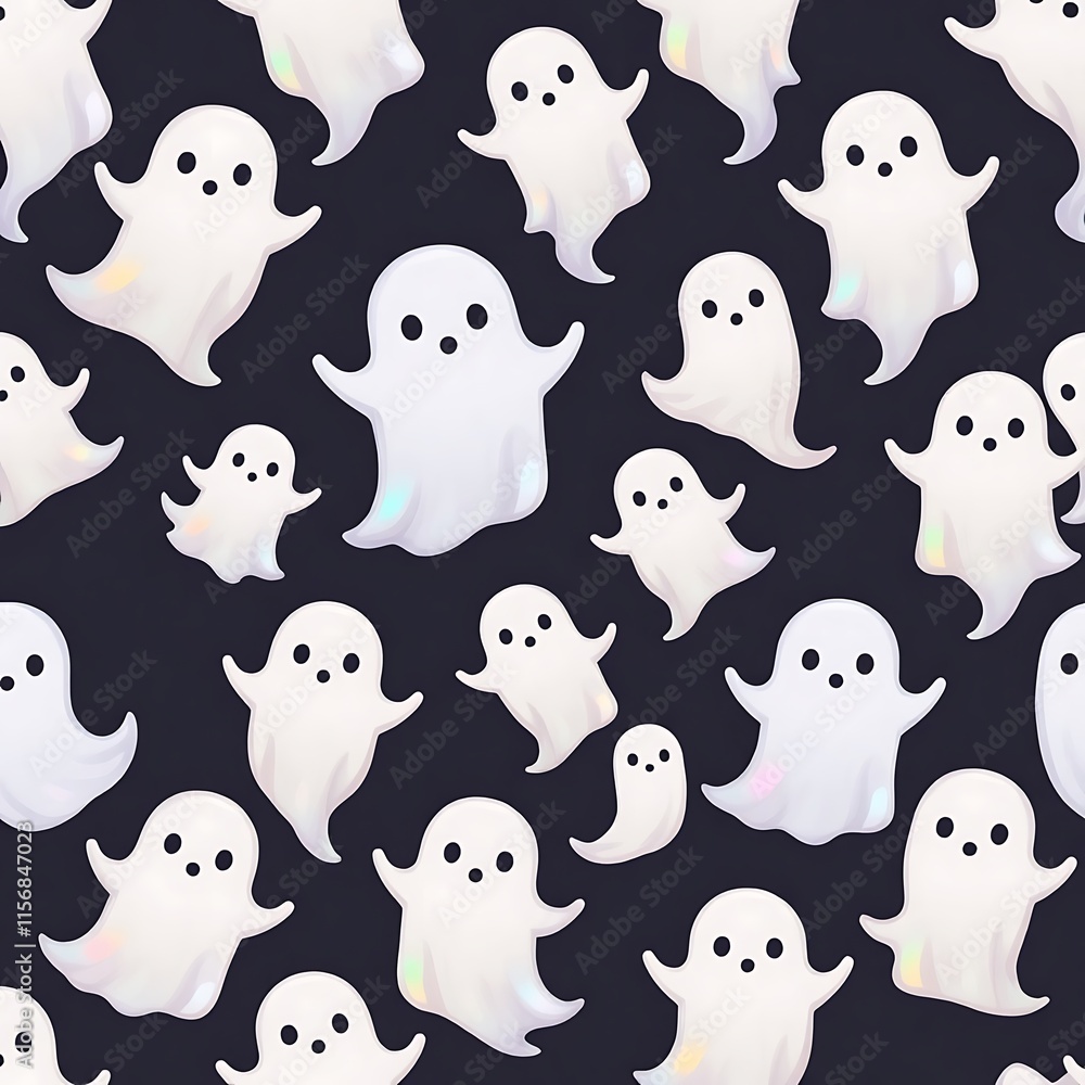 Obraz premium Cute Ghostly Pattern: A charming Halloween-themed seamless pattern featuring adorable, friendly ghosts on a dark background. Perfect for textiles, wallpapers, and spooky-cute designs.