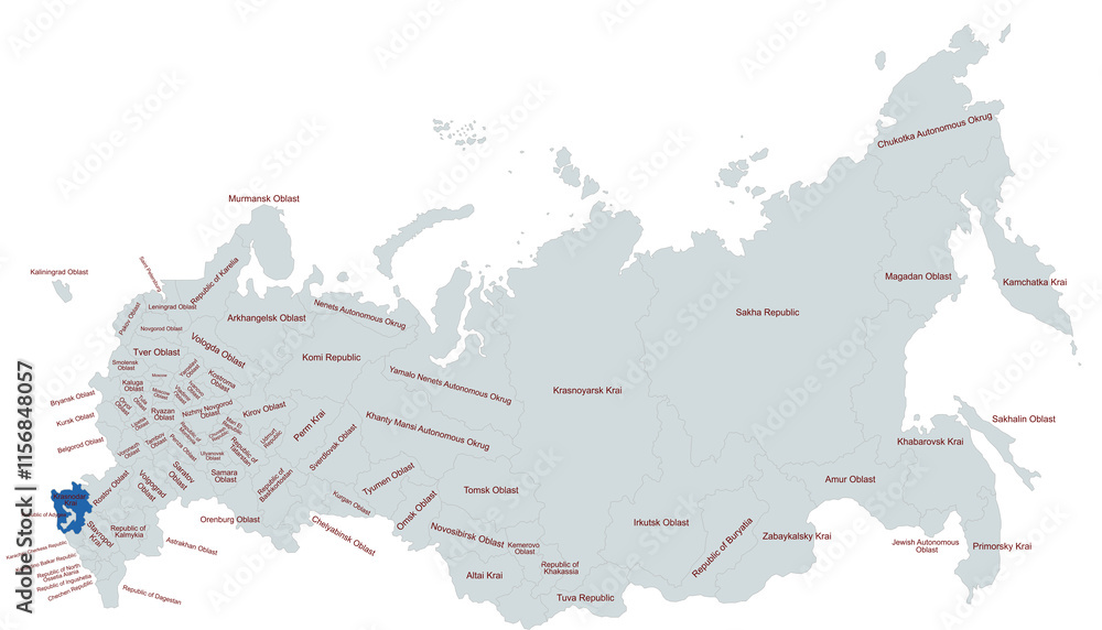 Obraz premium Geographical Map Highlighting Krasnodar Krai Region in Russia