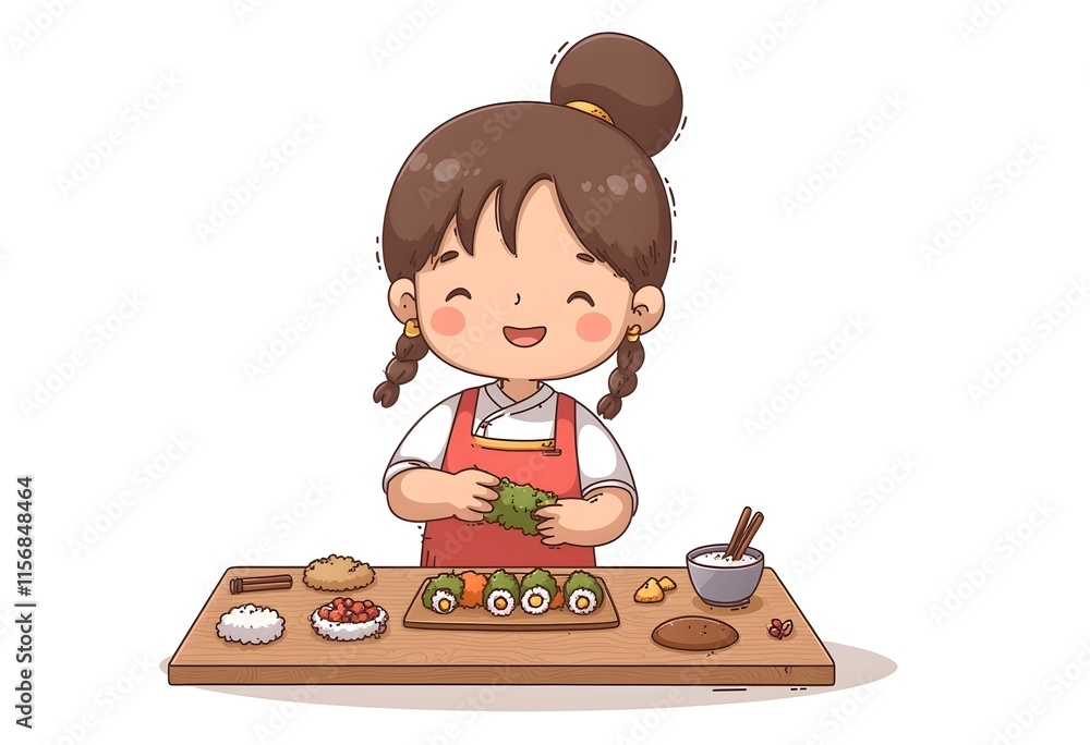 Happy Girl Making Sushi Colorful Ingredients Wooden Tabletop Happy Girl Making Sushi Colorful Ingredients Wooden Tabletop