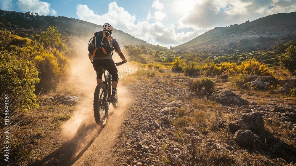 Mountain Biker Speeding Down a Dusty Trail at Sunset in Rugged Terrain Mountain Biker Speeding Down a Dusty Trail at Sunset in Rugged Terrain