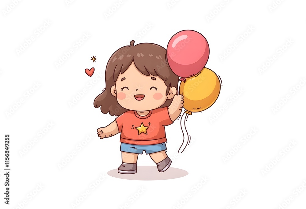 Happy Girl Cartoon Holding Colorful Balloons Joyful Illustration Happy Girl Cartoon Holding Colorful Balloons Joyful Illustration
