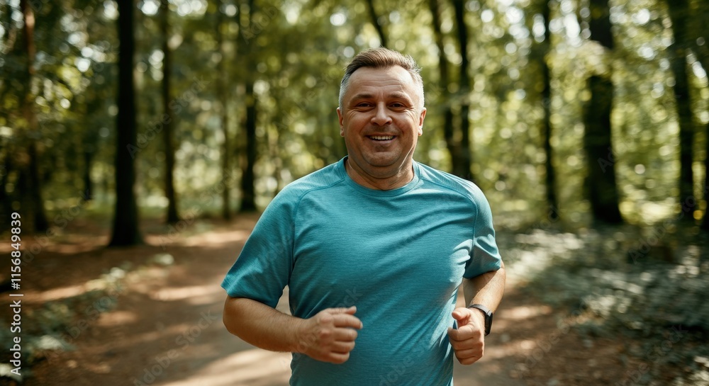 Mature caucasian man jogging in sunlit forest trail for health and wellness Mature caucasian man jogging in sunlit forest trail for health and wellness