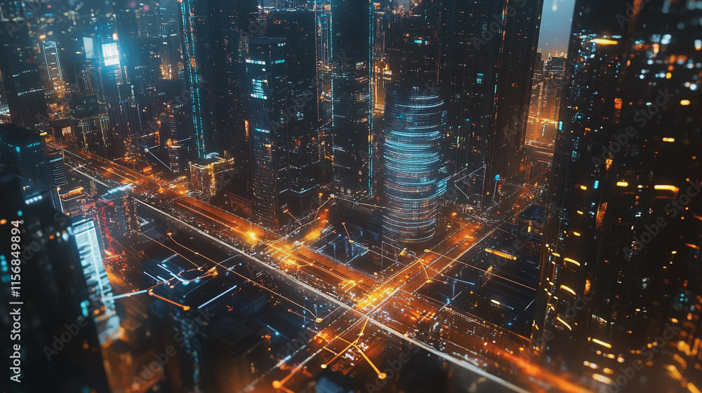 Smart digital Innovation city with connection network reciprocity over the cityscape. of future smart wireless city and social media networking systems that connects business people with in city