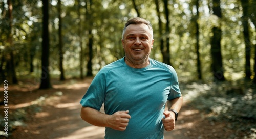 Mature caucasian man jogging in sunlit forest trail for health and wellness