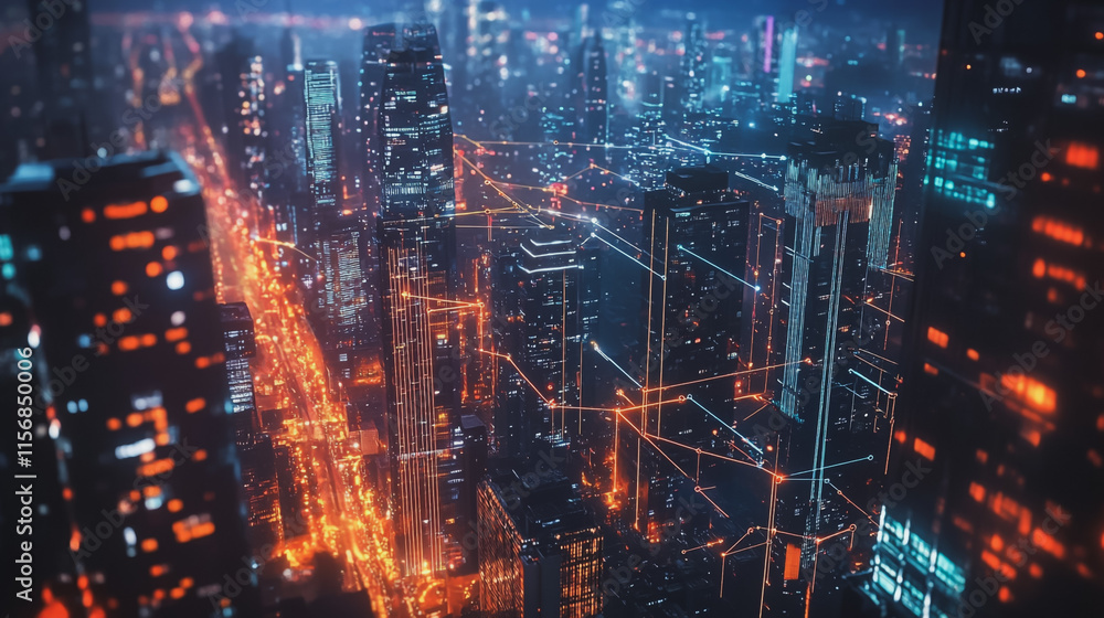 Obraz premium Smart digital Innovation city with connection network reciprocity over the cityscape. of future smart wireless city and social media networking systems that connects business people with in city